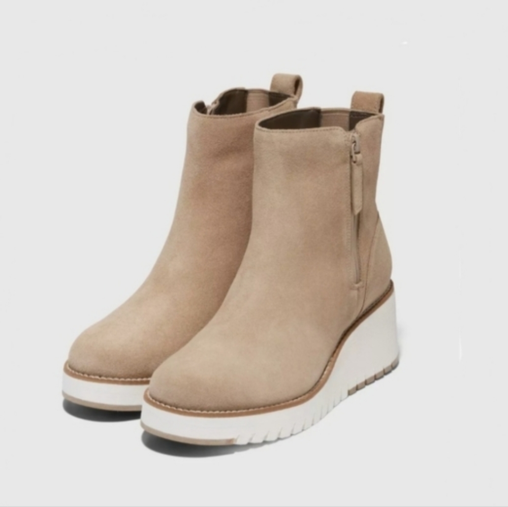 Cole Haan Zerogrand City 50mm Suede Wedge Ankle Boots Latte Size 8.5B
